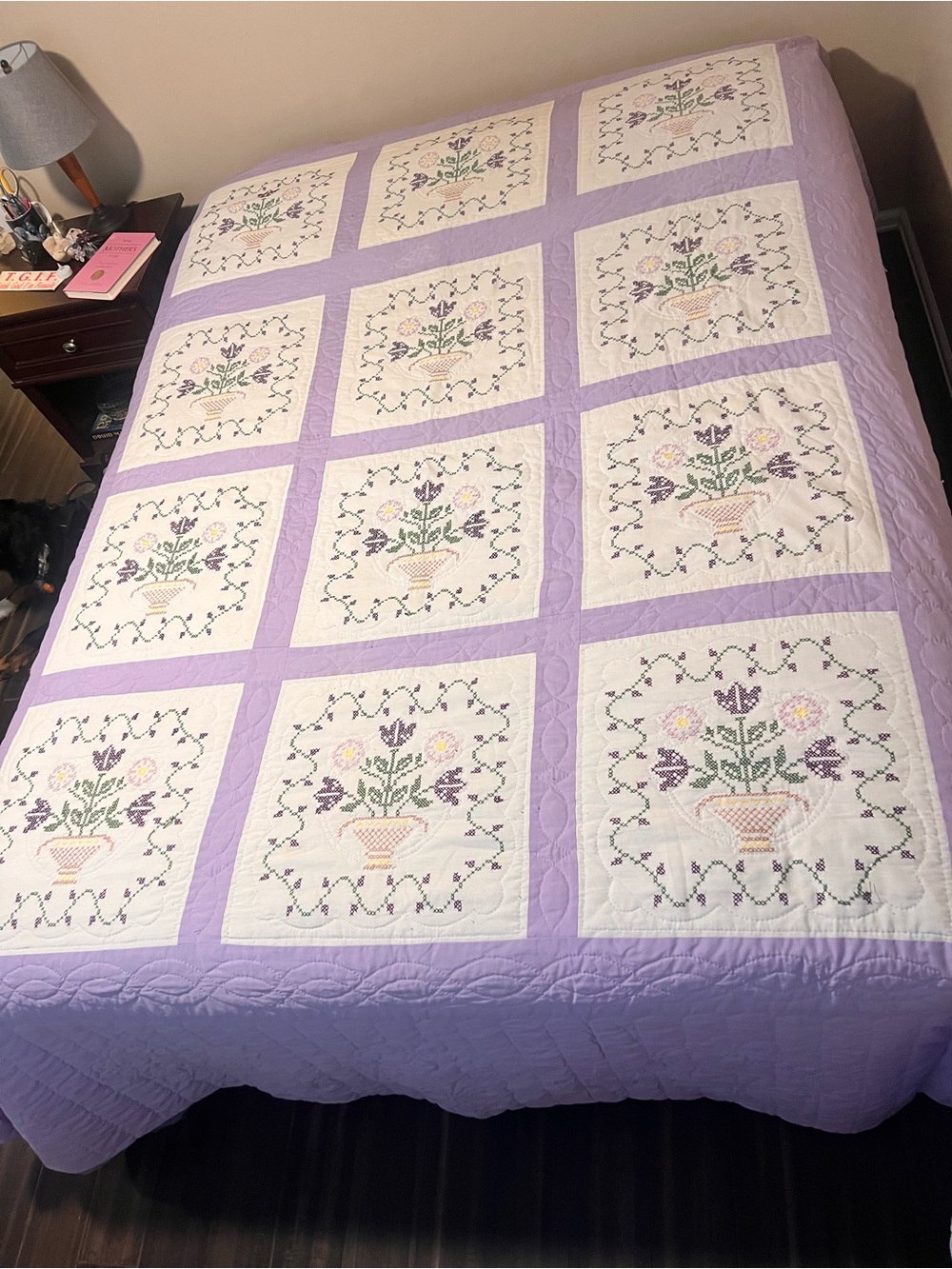 Lavender Floral Embroidered Quilt - Queen